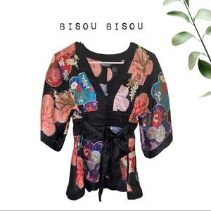 Bisou Bisou Black Floral Waist Tie Around Top Size 8 Petite